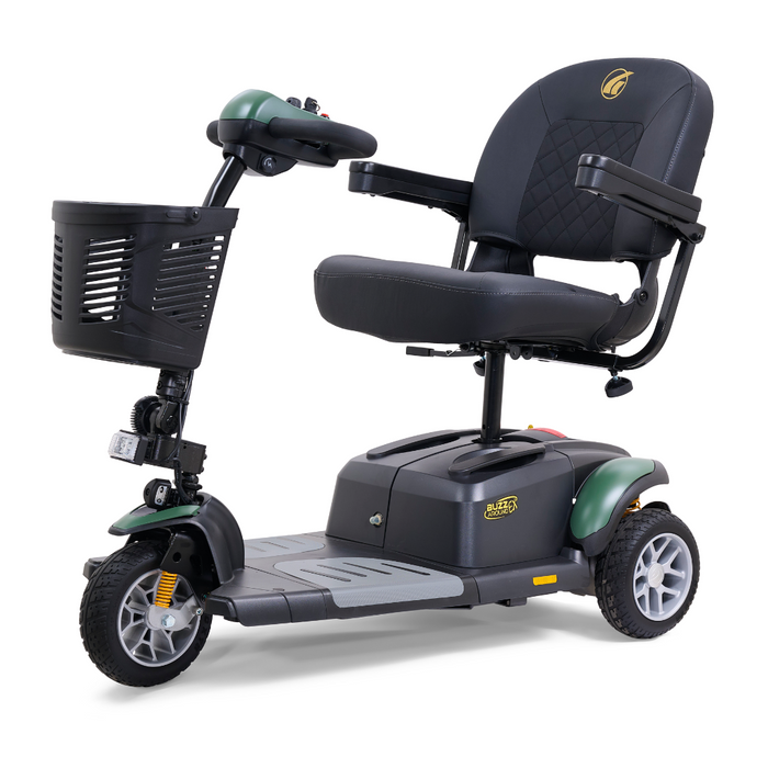 The Golden Tech GB118 Buzzaround EX is a compact three-wheeled scooter with a black seat and armrests, front basket, two sturdy rear wheels, and an intuitive handlebar, making it perfect for versatile indoor and outdoor use.