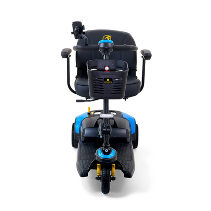 The Golden Tech GB121 Buzzaround XLS HD 3-Wheel Portable Scooter features a front view in blue, with a black seat, armrests, and a small basket on the handlebars. Its golden comfort spring suspension on the front wheel ensures enhanced durability and smoother rides across various terrains.