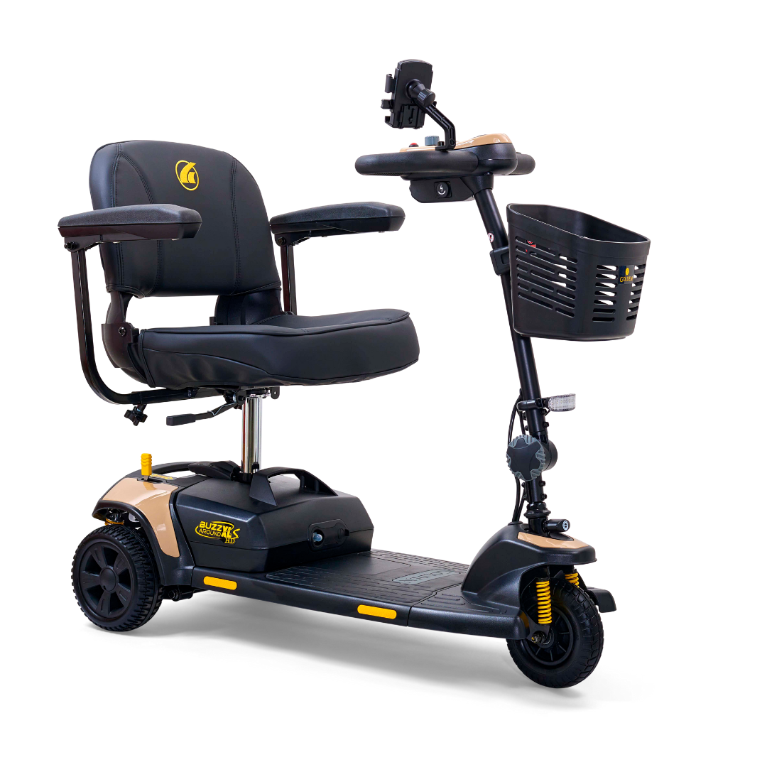The Golden Tech GB121 Buzzaround XLS HD 3-Wheel Scooter features a delta tiller, cushioned black seat with armrests, handlebars, a sturdy base, and a small front basket. Its primarily black with gold accents for style on the go.