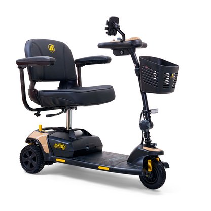 The Golden Tech GB121 Buzzaround XLS HD 3-Wheel Scooter features a delta tiller, cushioned black seat with armrests, handlebars, a sturdy base, and a small front basket. Its primarily black with gold accents for style on the go.