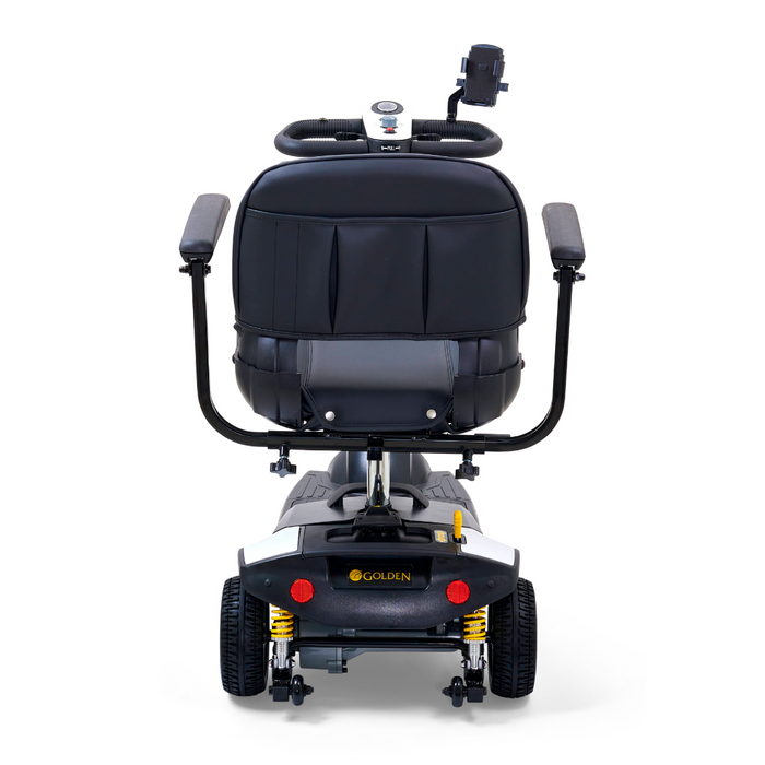 The Golden Tech GB121 Buzzaround XLS HD 3-Wheel Portable Scooters rear view highlights a comfortable black seat with armrests and backrest. The sturdy base ensures extended range, while the control panel sits prominently above the backrest, all set against a plain white background.