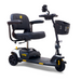 The Golden Tech GB121 Buzzaround XLS HD 3-Wheel Portable Scooter offers comfort with a cushioned seat, armrests, and handlebars. It features a small front basket and digital display, available in black and white with yellow accents for extended range adventures.