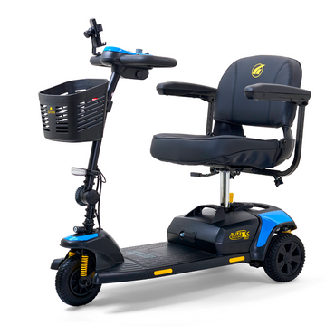 The Golden Tech GB121 Buzzaround XLS HD is a blue and black 3-wheel mobility scooter featuring a cushioned seat, basket, delta tiller handlebars, sturdy base, small lights, and Comfort Spring Suspension for improved maneuverability and comfort.