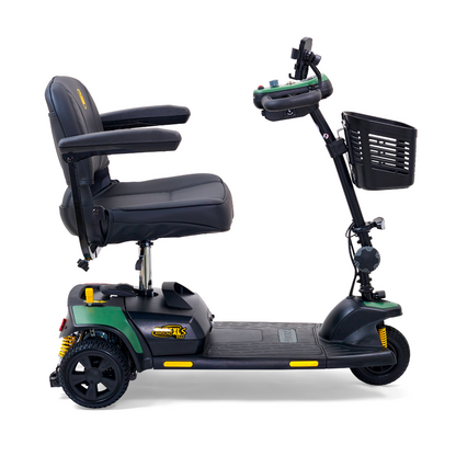 The Golden Tech GB121 Buzzaround XLS HD is a black, 3-wheel portable mobility scooter featuring Comfort Spring Suspension, cushioned seat, armrests, a front basket, handlebars with control panel, and stylish green accents.