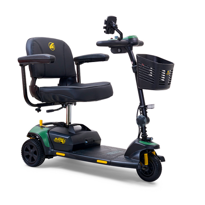 The Golden Tech GB121 Buzzaround XLS HD is a compact black and green 3-wheel scooter featuring a delta tiller, padded seat with armrests, front basket, small headlight, and footrest area; the XR Extended Range Battery offers longer rides.