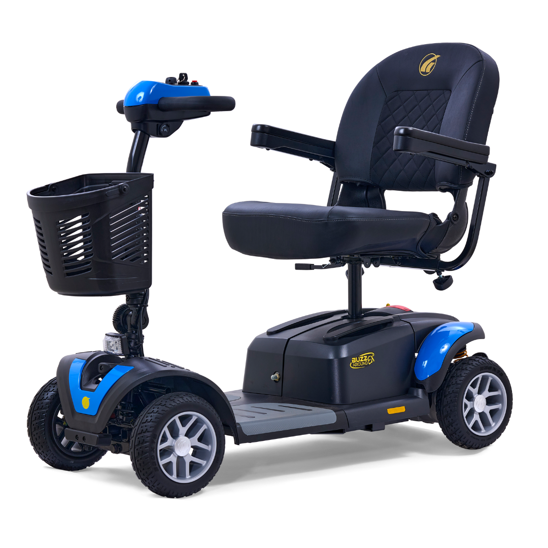 The Golden Tech GB148 Buzzaround EX Portable Mobility Scooter sports a blue and black design with four wheels, padded seat, armrests, T-shaped handlebar control panel, and front basket for convenience. This lightweight model ensures easy transport and stability.