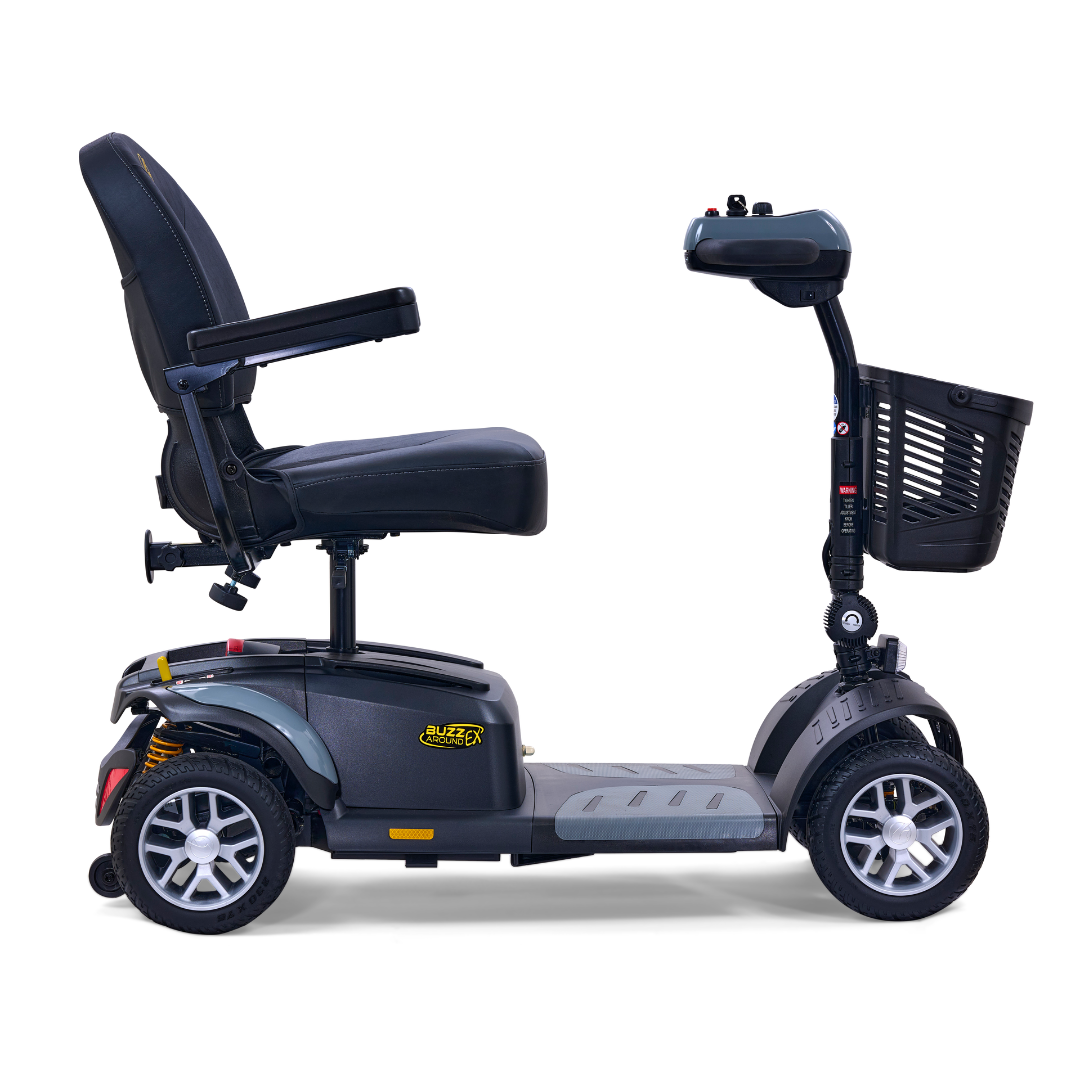 The Golden Tech GB148 Buzzaround EX is a sleek, gray full-size mobility scooter featuring a padded seat, armrests, four wheels, and a front basket. Its intuitive control panel provides effortless personal transportation.