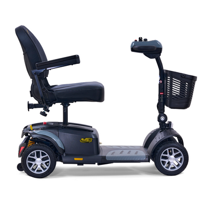 The Golden Tech GB148 Buzzaround EX is a sleek, gray full-size mobility scooter featuring a padded seat, armrests, four wheels, and a front basket. Its intuitive control panel provides effortless personal transportation.