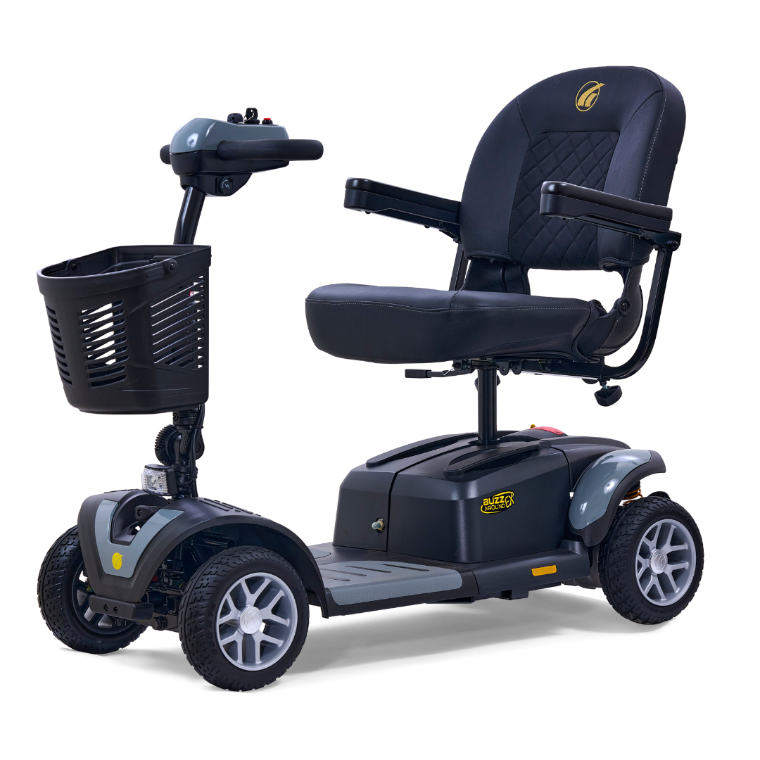 The Golden Tech GB148 Buzzaround EX Portable Mobility Scooter offers a sleek black design with a cushioned seat, armrests, and front basket. This lightweight four-wheel scooter includes a handlebar control panel for easy maneuverability indoors and outdoors.
