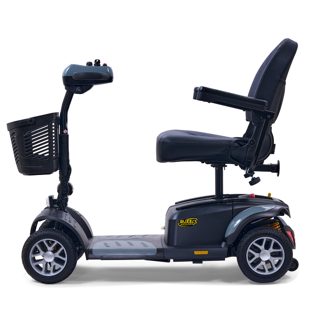 The Golden Tech GB148 Buzzaround EX is a portable black and gray mobility scooter with four wheels, a comfy seat with armrests, and a front basket. Ideal for indoor and outdoor use, its designed for ease of use and accessibility.