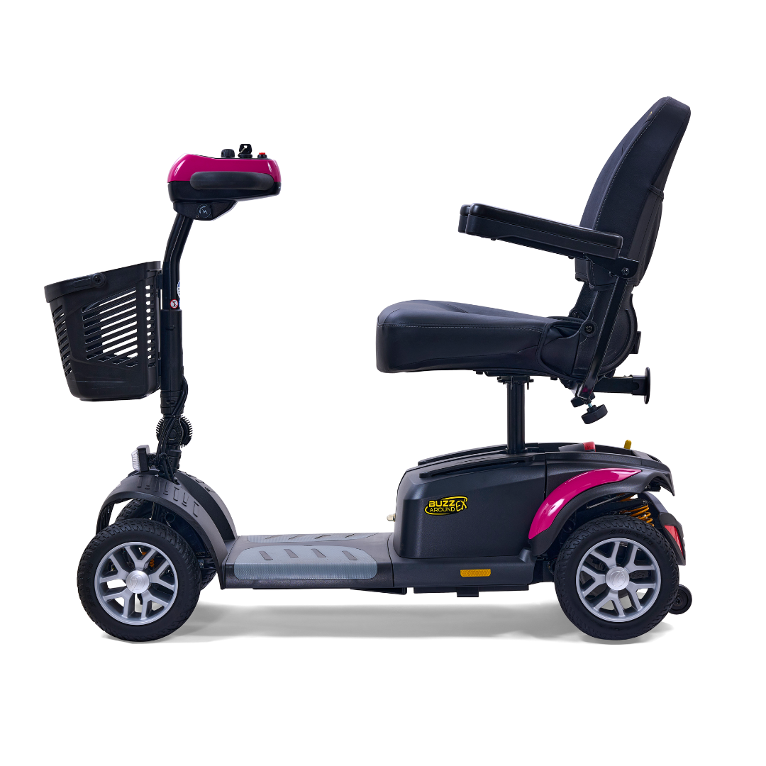 Introducing the Golden Tech GB148 Buzzaround EX Portable Mobility Scooter, a sleek mobility vehicle in black and magenta featuring a comfy seat with armrests, a front storage basket, and four sturdy wheels designed for excellent stability and easy operation.