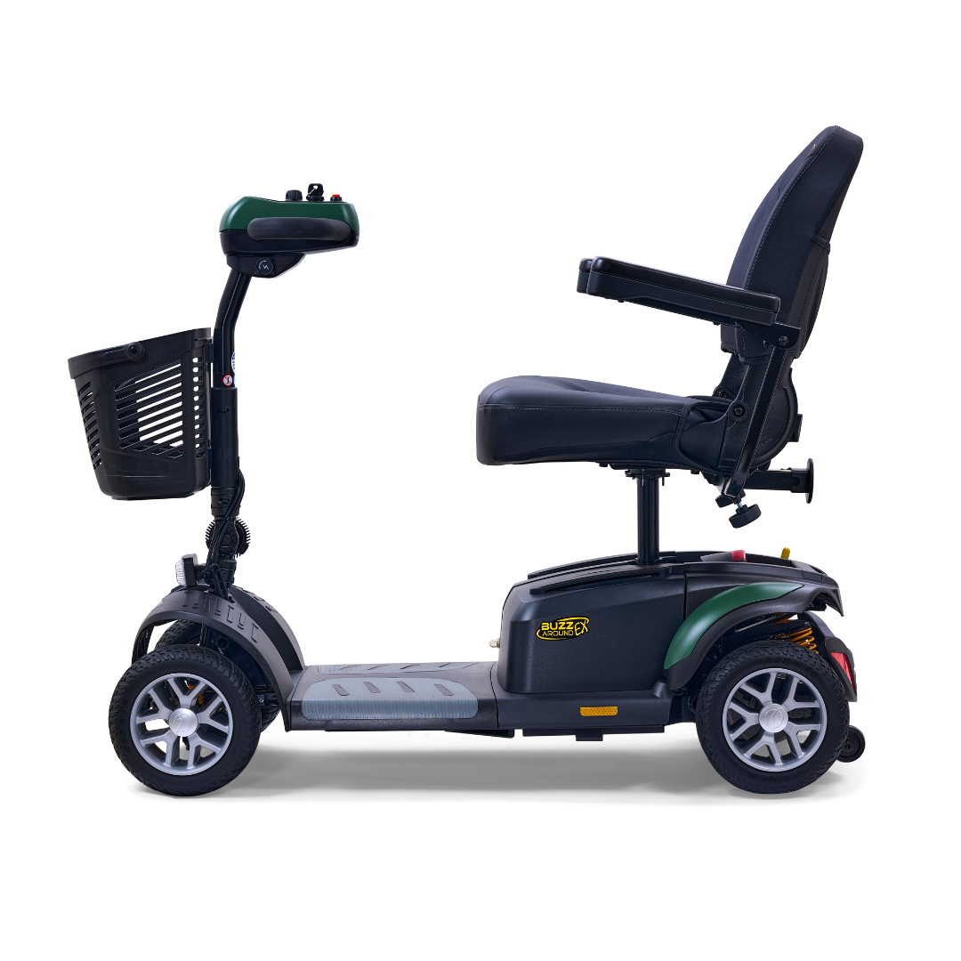 The Golden Tech GB148 Buzzaround EX Portable Mobility Scooter is a compact solution with a black seat, handlebars, front basket, four wheels, and a gray platform. Ideal for indoor and outdoor use, it features a control panel on the right handle.