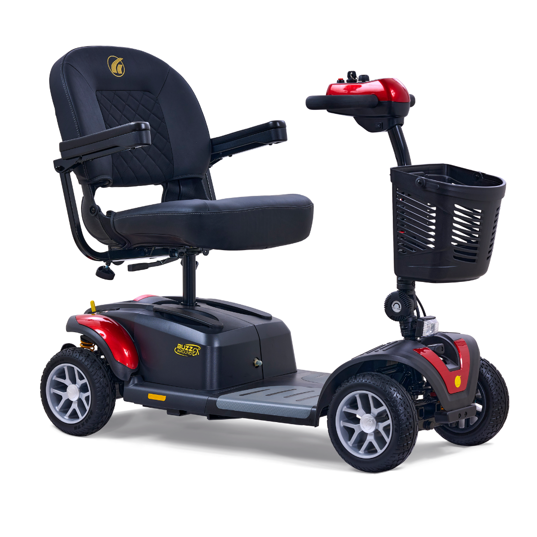 The Golden Tech GB148 Buzzaround EX Portable Mobility Scooter is black with a padded seat, armrests, and a front basket. It features red accents and handlebar controls for style, while its four wheels provide stability.