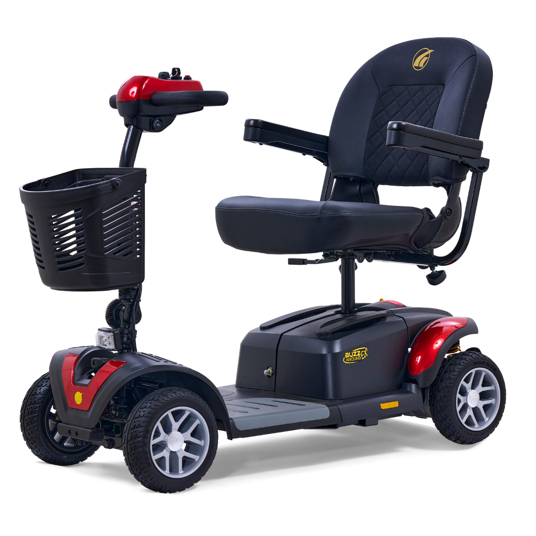 The Golden Tech GB148 Buzzaround EX Portable Mobility Scooter provides comfort with its padded seat, armrests, and backrest. This full-size scooter boasts four wheels, handlebars, a front basket, and red accents on a sleek black body.