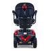 The Golden Tech GB148 Buzzaround EX is a red and black four-wheel mobility scooter with a comfortable seat, backrest, and control panel on the handlebars. It includes a basket below the steering. Its sturdy yet compact design ensures accessibility and easy maneuverability.