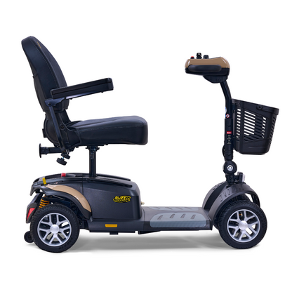 The Golden Tech GB148 Buzzaround EX is a black and brown four-wheel mobility scooter featuring a front basket, simple handlebars, a seat with armrests on a solid base, and prioritizes comfort and ease of use.