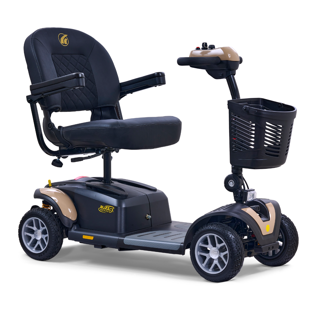 The Golden Tech GB148 Buzzaround EX Portable Mobility Scooter, in black, is user-friendly with a comfy seat and armrests. Its four-wheel design offers stability, and the handlebar control panel and front basket add convenience.