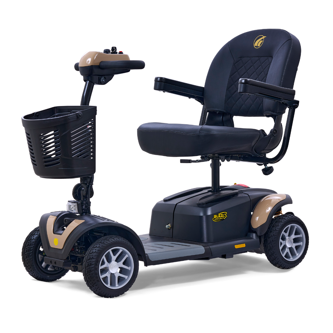 The Golden Tech GB148 Buzzaround EX Portable Mobility Scooter is a black and beige 4-wheel scooter with a padded seat, armrests, front basket, and handlebar controls. Lightweight for easy transport, it’s designed for user comfort.