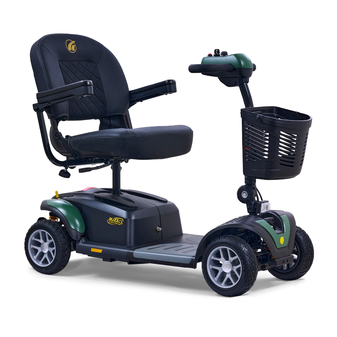 Meet the Golden Tech GB148 Buzzaround EX Portable Mobility Scooter, a full-size mobility device with padded seat, armrests, handlebar for easy steering, four wheels, and front basket. Its primarily black design features stunning green accents to enhance its attractiveness.