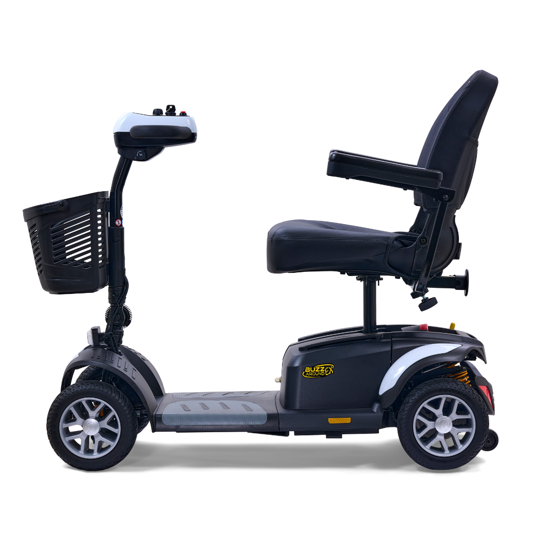 The Golden Tech GB148 Buzzaround EX Portable Mobility Scooter showcases a black seat, front handlebar basket, four sturdy wheels, and sleek silver trim. Displayed in profile against a clean white background, this full-size scooter combines style with functionality.
