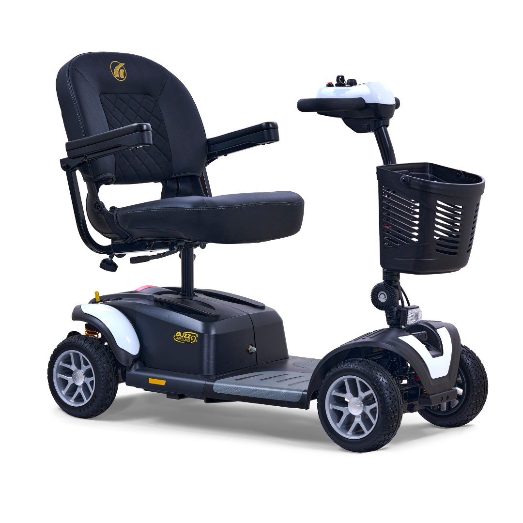 The Golden Tech GB148 Buzzaround EX is a black, four-wheeled portable mobility scooter with a cushioned seat, armrests, swivel function, handlebar control panel, and front basket. It features sturdy wheels ideal for various terrains.