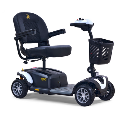 The Golden Tech GB148 Buzzaround EX is a black, four-wheeled portable mobility scooter with a cushioned seat, armrests, swivel function, handlebar control panel, and front basket. It features sturdy wheels ideal for various terrains.