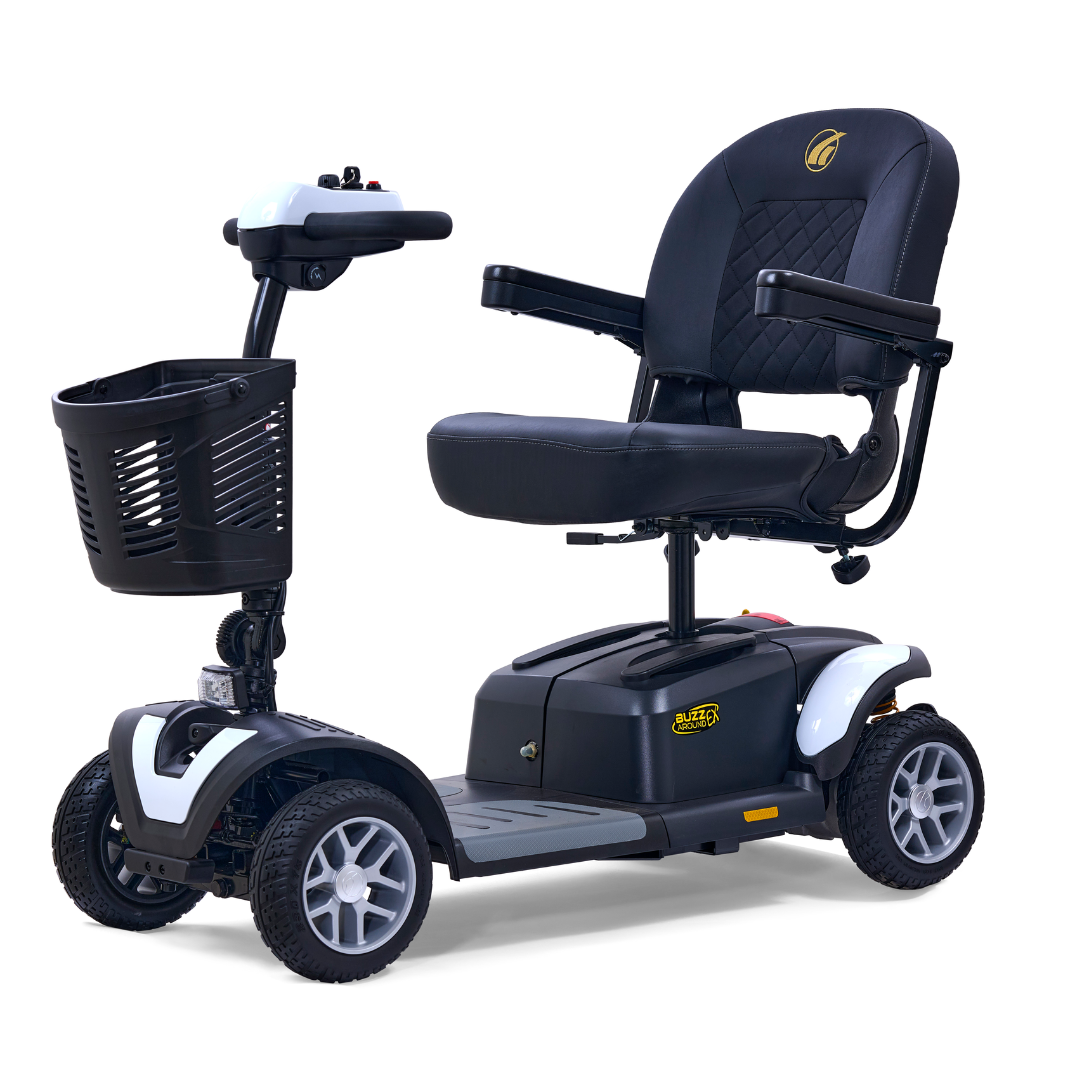 Introducing the Golden Tech GB148 Buzzaround EX: a black and white scooter with four wheels, cushioned seat, armrests, and practical handlebars. Its compact front basket adds convenience for daily essentials.