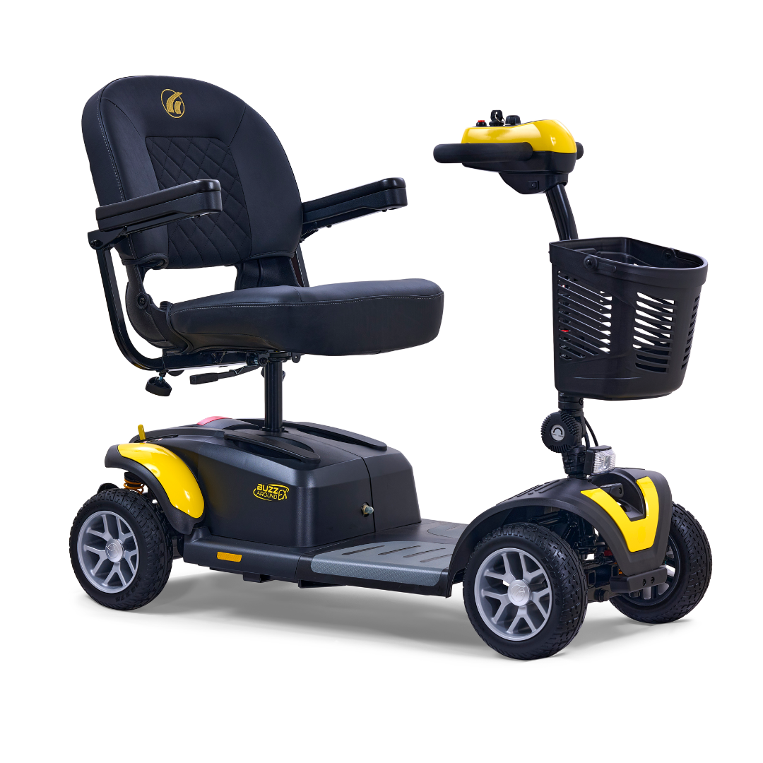 The Golden Tech GB148 Buzzaround EX Portable Mobility Scooter is a black and yellow four-wheel mobility aid featuring a padded seat with armrests, a front basket, and vertical handlebars, offering easy control and a sturdy design for effortless movement.