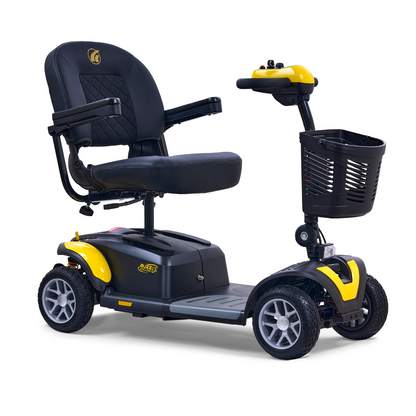The Golden Tech GB148 Buzzaround EX Portable Mobility Scooter is a black and yellow four-wheel mobility aid featuring a padded seat with armrests, a front basket, and vertical handlebars, offering easy control and a sturdy design for effortless movement.