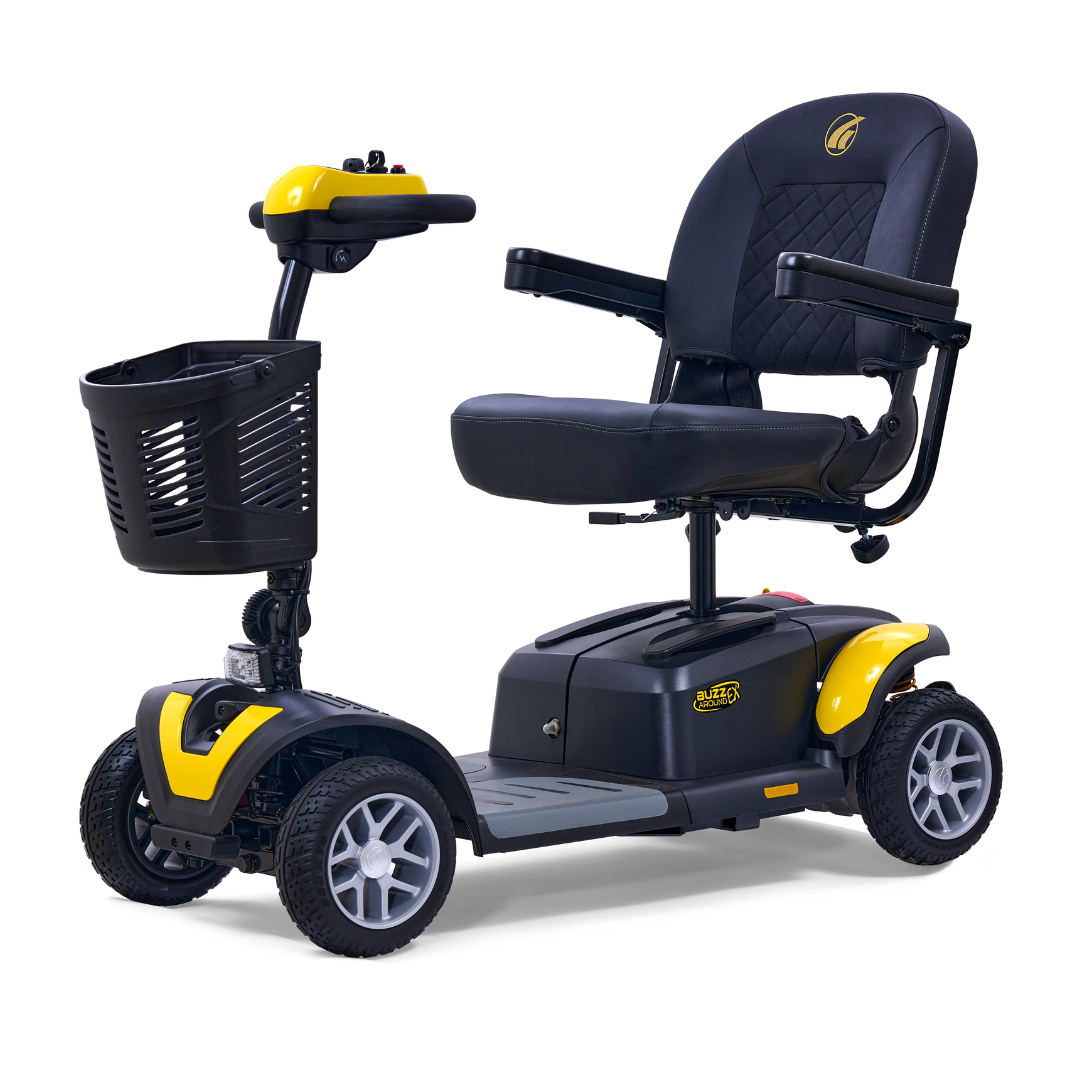 The Golden Tech GB148 Buzzaround EX Portable Mobility Scooter features a compact design with sleek black and yellow colors. It includes a comfortable seat with armrests, a front basket, four wheels for stability, and easy-to-use handlebar controls for seamless navigation.