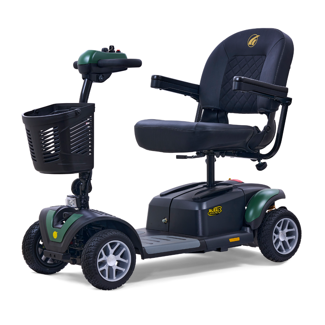 The Golden Tech GB148 Buzzaround EX Portable Mobility Scooter features a sleek black and green design, four wheels, a comfy seat with armrests, handlebars with controls, and an easily accessible front storage basket for your essentials.
