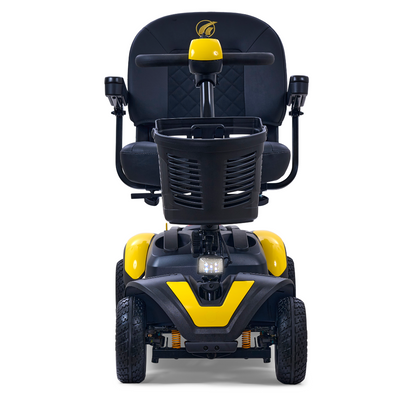 The front view of the Golden Tech GB148 Buzzaround EX reveals a sleek, modern design in black and yellow with a comfy seat, armrests, handlebar, and front basket. This full-size portable scooter is perfect for combining style with functionality thanks to its sturdy wheels.