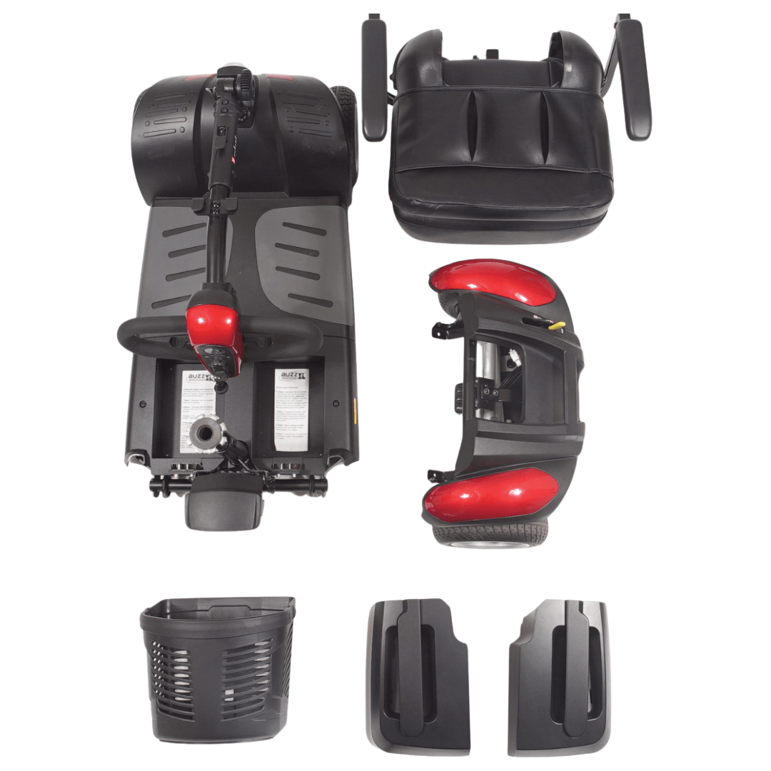 Components of the Golden Tech GB148 Buzzaround EX Portable Mobility Scooter, including a seat, base, handlebar, basket, and red fenders, are neatly arranged on a white background to showcase the scooters lightweight design and functionality.