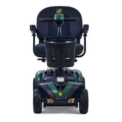A front view of the Golden Tech GB148 Buzzaround EX Portable Mobility Scooter highlights its black and green lightweight design with four wheels, a basket, comfortable armrests, and a headlight for safety.