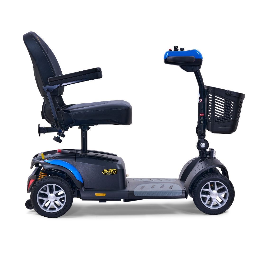 The Golden Tech GB148 Buzzaround EX is a blue and black, four-wheel portable scooter with a high-back chair, front handlebar basket, and armrests. Its modern, compact design makes it ideal for mobility needs.