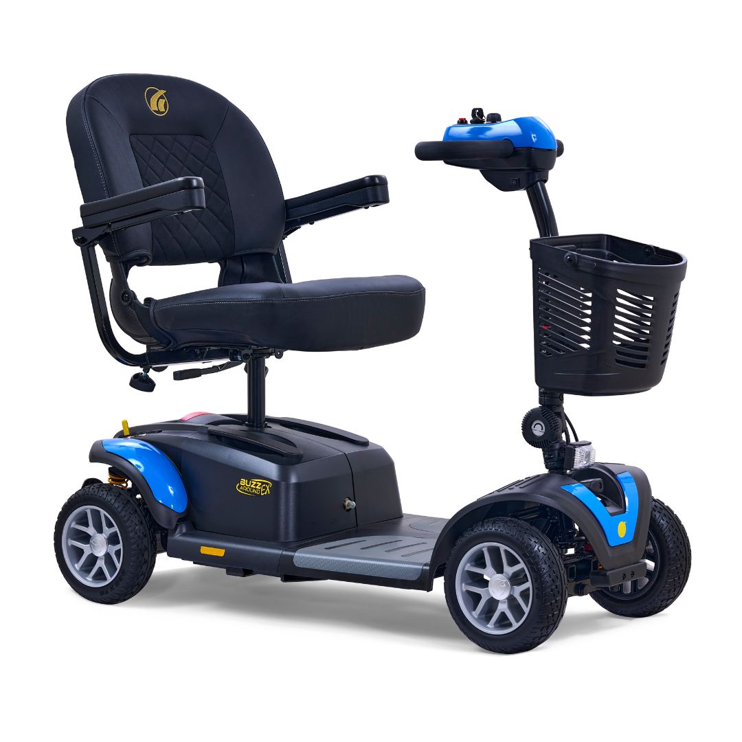 The Golden Tech GB148 Buzzaround EX Mobility Scooter is a blue scooter featuring a black padded seat, armrests, a front basket, and four wheels for stability. The control panel is on the right handlebar, perfect for personal use.
