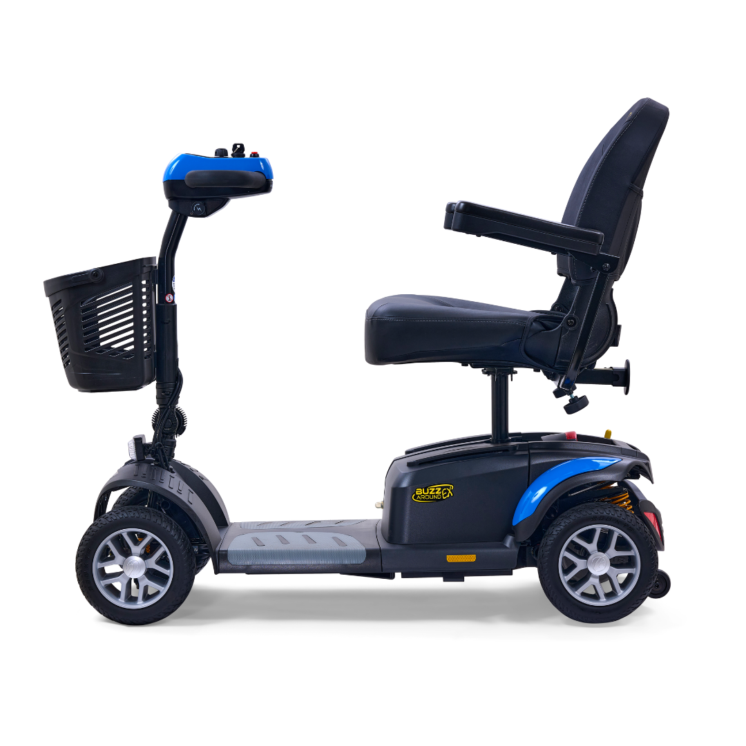 A side view of the blue and black Golden Tech GB148 Buzzaround EX Portable Mobility Scooter showcases its four wheels, comfortable seat with armrests, front-mounted basket, and an easy-to-use control panel on the handlebar.