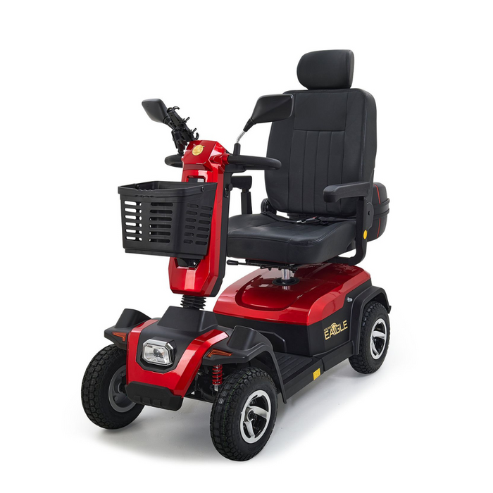 The Golden Tech Eagle HD Bariatric 4-Wheel Scooter features a red frame, black seat with armrests and headrest, a front basket, four rugged tires for enhanced off-road use, and handlebars with controls. EAGLE branding is proudly displayed on the side.