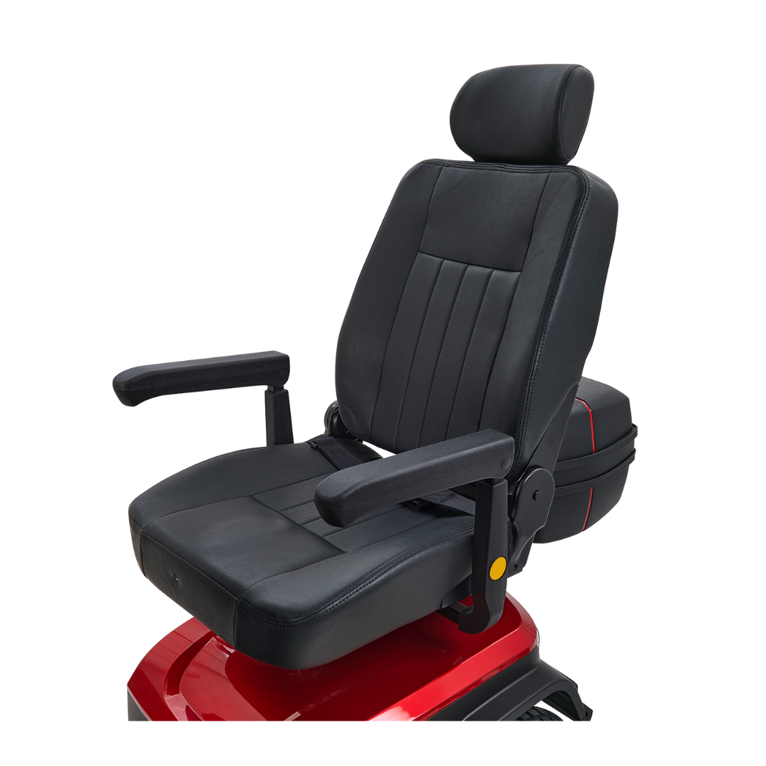 With its black leather chair featuring adjustable armrests, a headrest, and sleek vertical stitching, the Golden Tech Eagle HD Scooter boasts a red base inspired by mobility scooter design, offering comfort and style for any office setting.
