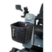 A close-up of the Golden Tech Eagle HD Bariatric 4-Wheel Scooter with Suspension reveals its front basket, ideal for off-road use. The black slotted basket matches the scooters gray and black look, along with a rearview mirror and comfy seat.