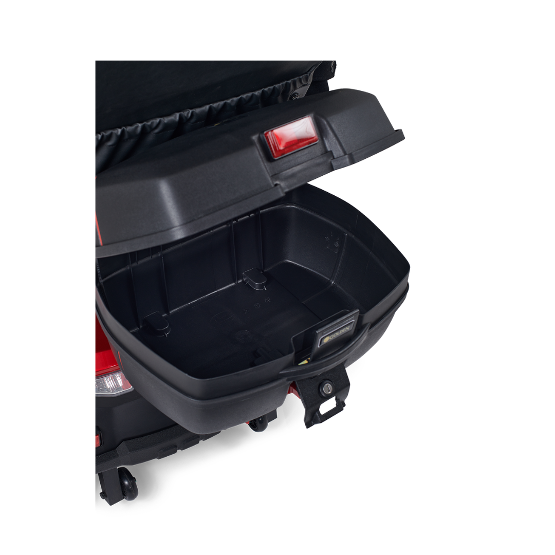Open black motorcycle top case with a red reflector, reminiscent of the Golden Tech Eagle HD Bariatric Scooters sleek design. The lid is raised, revealing the empty interior. The case is attached to a motorcycle partially visible on the left against a plain white background.