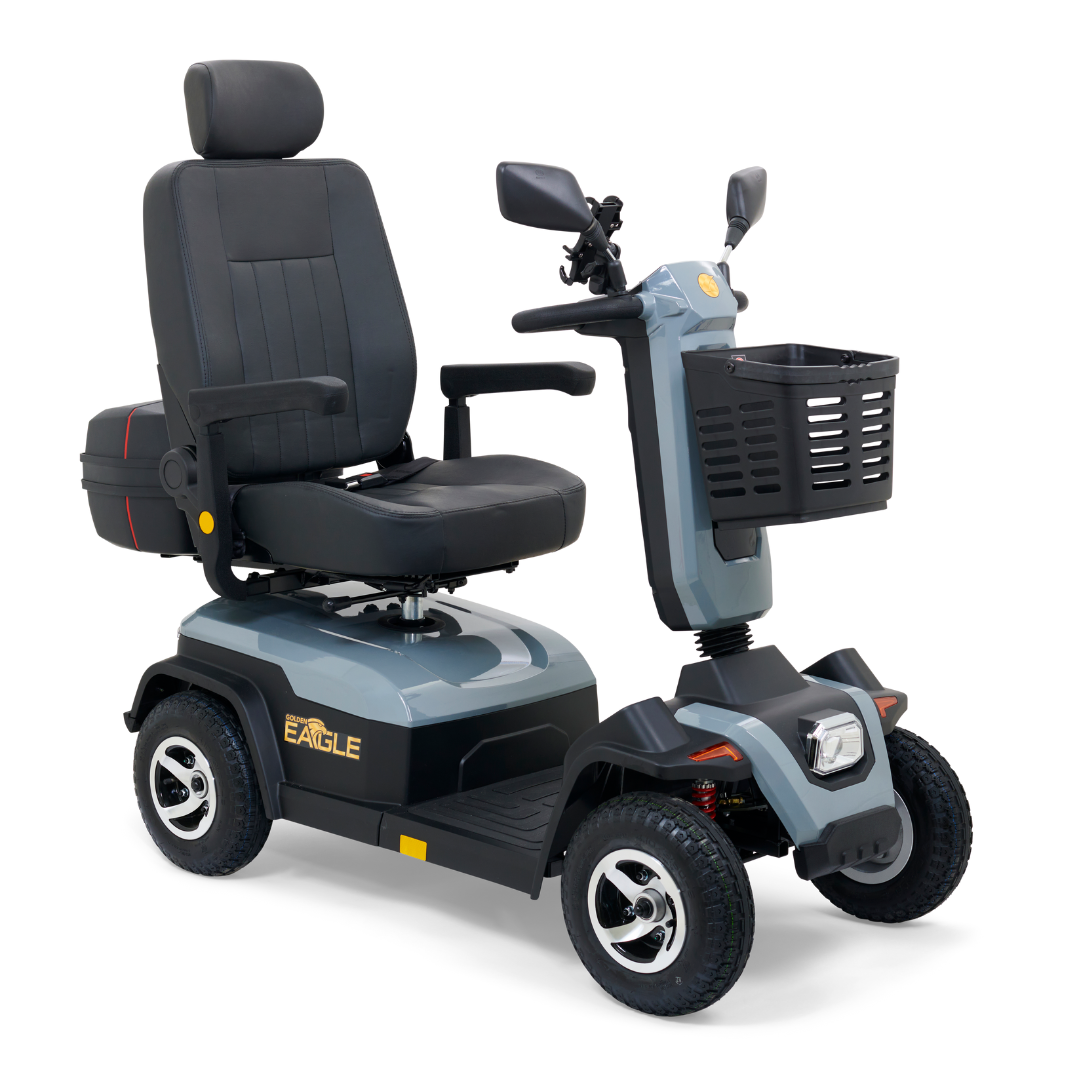 Introducing the Golden Tech Eagle HD Bariatric 4-Wheel Scooter with Suspension, featuring a padded seat, armrests, headrest, intuitive handlebar controls, front basket, and off-road-ready four sturdy wheels—all elegantly showcased in a neutral setting.