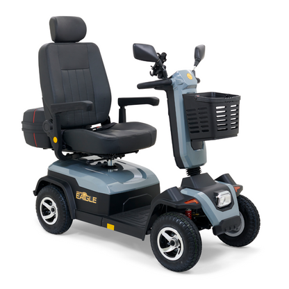 Introducing the Golden Tech Eagle HD Bariatric 4-Wheel Scooter with Suspension, featuring a padded seat, armrests, headrest, intuitive handlebar controls, front basket, and off-road-ready four sturdy wheels—all elegantly showcased in a neutral setting.