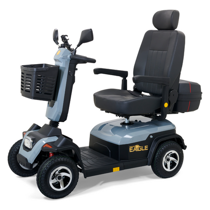 The Golden Tech Eagle HD Bariatric 4-Wheel Scooter with Suspension features a black padded seat, armrests, and high backrest for comfort. With four wheels, rearview mirrors, a front basket, and a dark gray body, it offers enhanced stability and exceptional off-road performance.