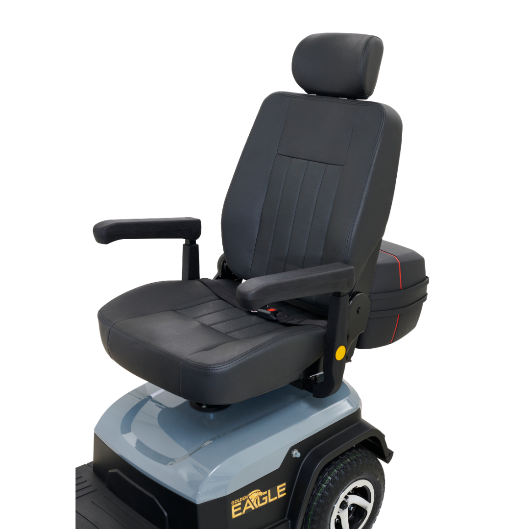 The Golden Tech Eagle HD Bariatric 4-Wheel Scooter features a black cushioned seat with a headrest and armrests on a wheeled base with a blue cover, designed for off-road performance, making it ideal for outdoor adventures.