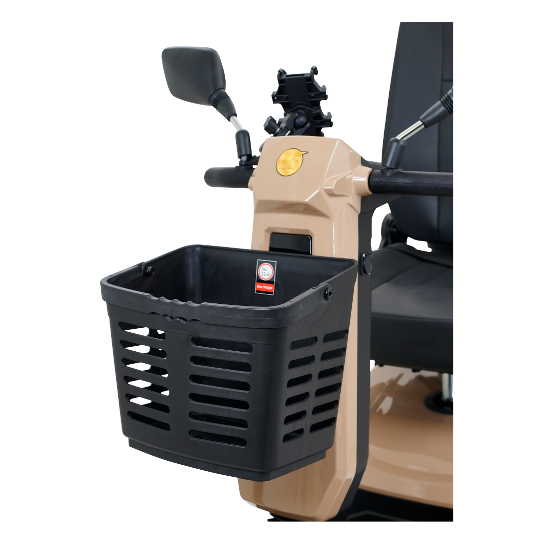 The Golden Tech Eagle HD Bariatric 4-Wheel Scooter with Suspension features a rugged off-road design, a black basket upfront, mirrors and control console on the handlebar, and a padded dark seat with armrests for comfortable outdoor adventures.