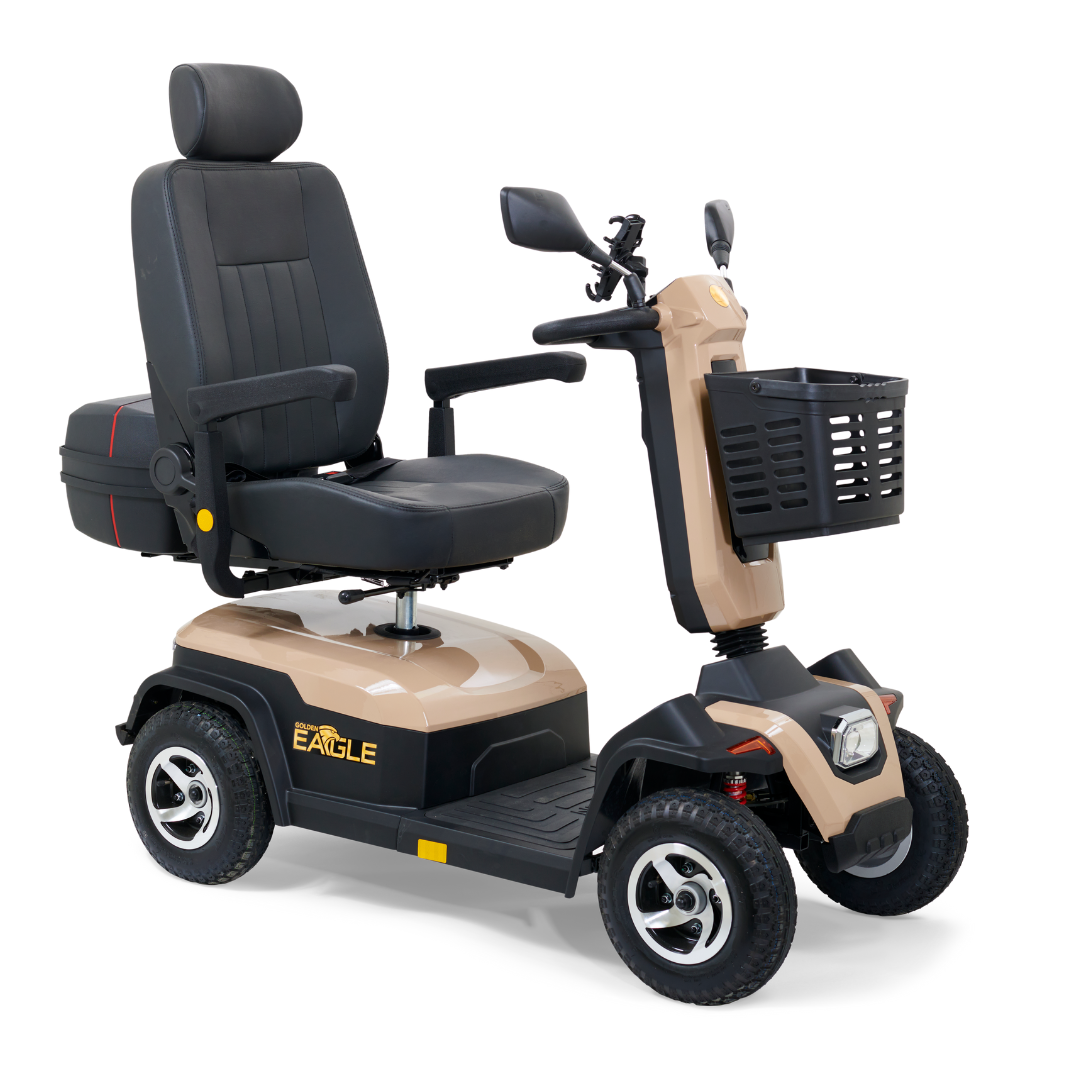 Meet the Golden Tech Eagle HD Bariatric Scooter, designed for off-road adventures in beige and black. It features a high-back seat with armrests, front basket, four-wheel stability, intuitive handlebars, headlight, and padding for a comfortable ride.