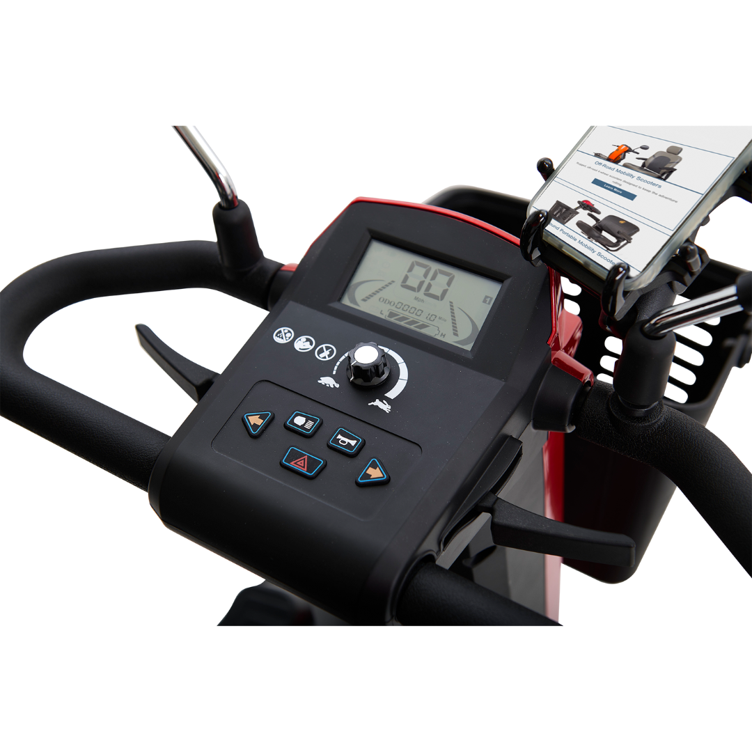 Close-up of the Golden Tech Eagle HD Bariatric 4-Wheel Scooter with Suspensions control panel, featuring a digital display, speed controls, and function buttons. The handlebar includes a mobile phone holder and instructional pamphlet, ideal for those seeking off-road performance.