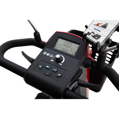 Close-up of the Golden Tech Eagle HD Bariatric 4-Wheel Scooter with Suspensions control panel, featuring a digital display, speed controls, and function buttons. The handlebar includes a mobile phone holder and instructional pamphlet, ideal for those seeking off-road performance.