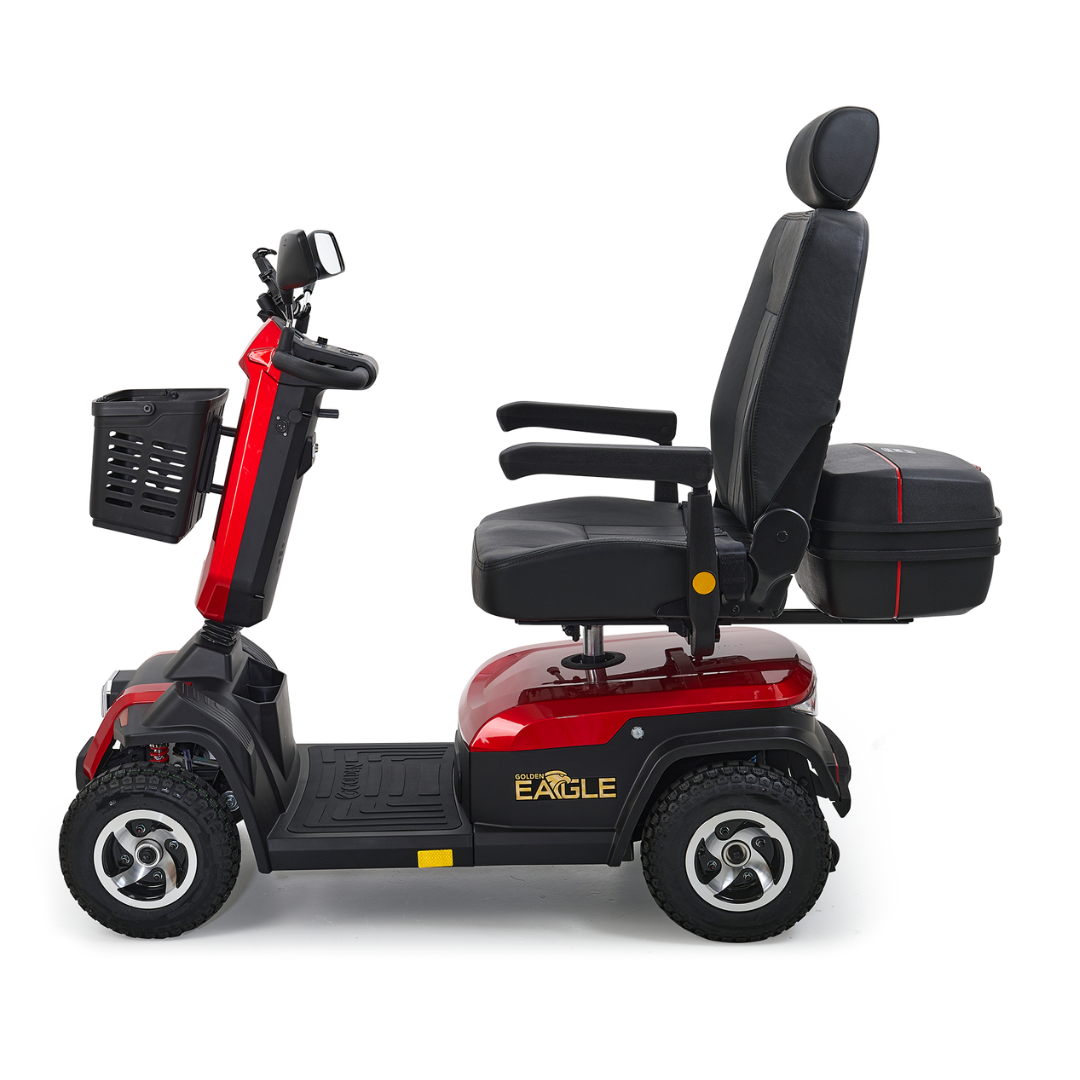 Experience adventure with the Golden Tech Eagle HD Bariatric 4-Wheel Scooter, now in vibrant red. This off-road scooter features a comfortable black seat with armrests, practical storage including a back compartment and front basket, ideal for your adventurous spirit!.